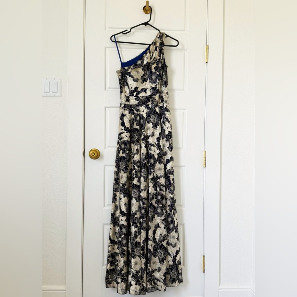 Betsy & Adam Metallic Floral One Shoulder Keyhole Gown